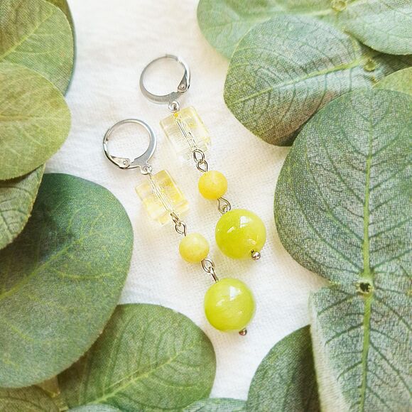 Lime Green Jade Stone Earrings, Geometric Boho Earrings, Y2K Retro Earrings - Picture 2 of 8